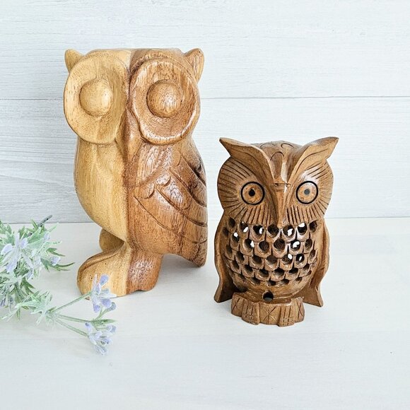Set Of Two Carved Wooden Owls - Picture 9 of 10
